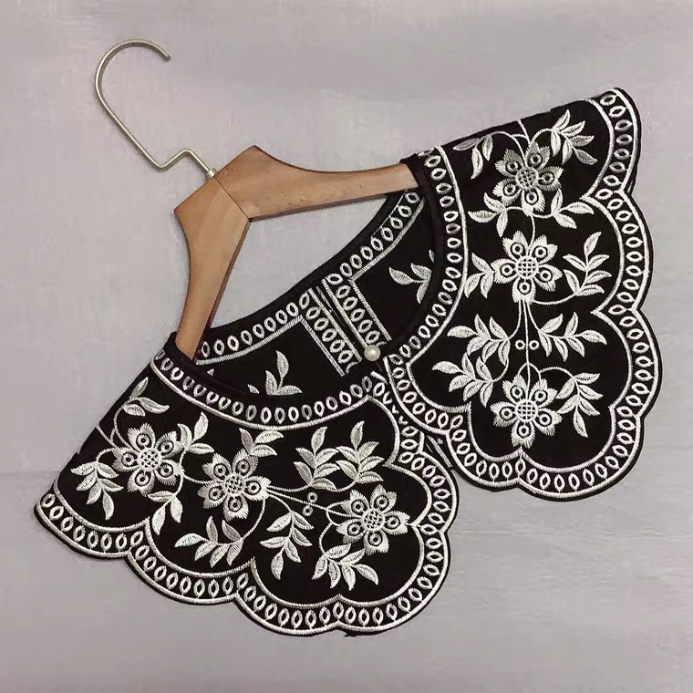 New style, vintage embroidered false collar, black/white embroidered lace cape