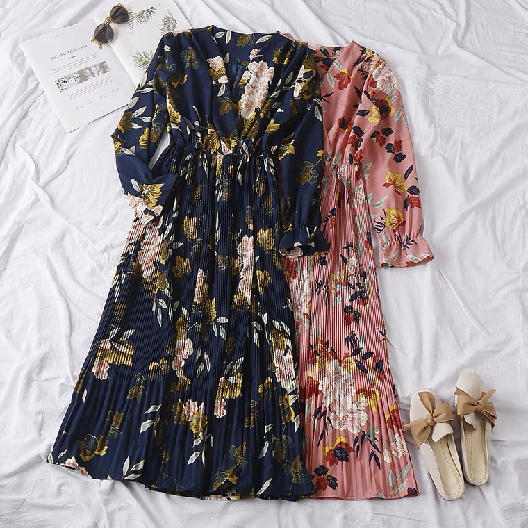 Floral Printed Dress, Long Sleeves Loose Ethnic Style Dress