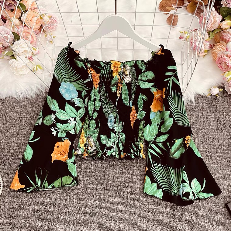 Small Fresh, Printed, Off Shoulder Short Shirt With Ear Edge, Pleated Long - Sleeve Crop Top