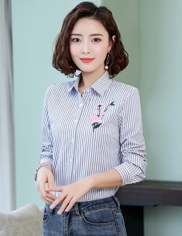 Striped Shirt, Spring Style, Long Sleeve, Large Embroidered Cotton Vertical Stripe, Long Sleeve Shirt,offices