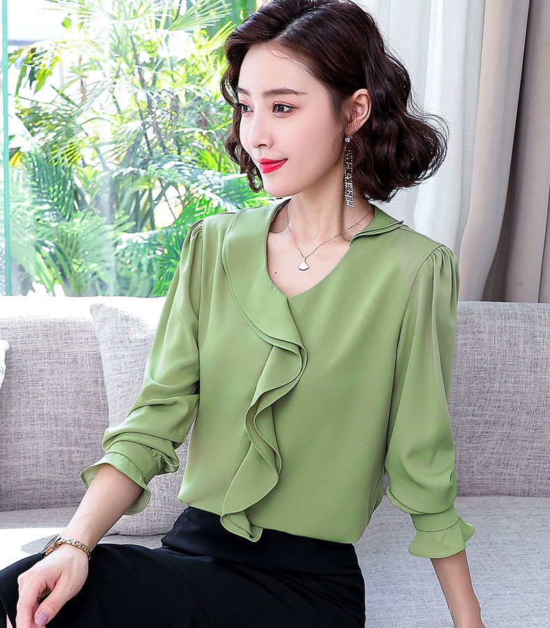 V-neck Chiffon Shirt, Long Sleeve Top With Flounces,