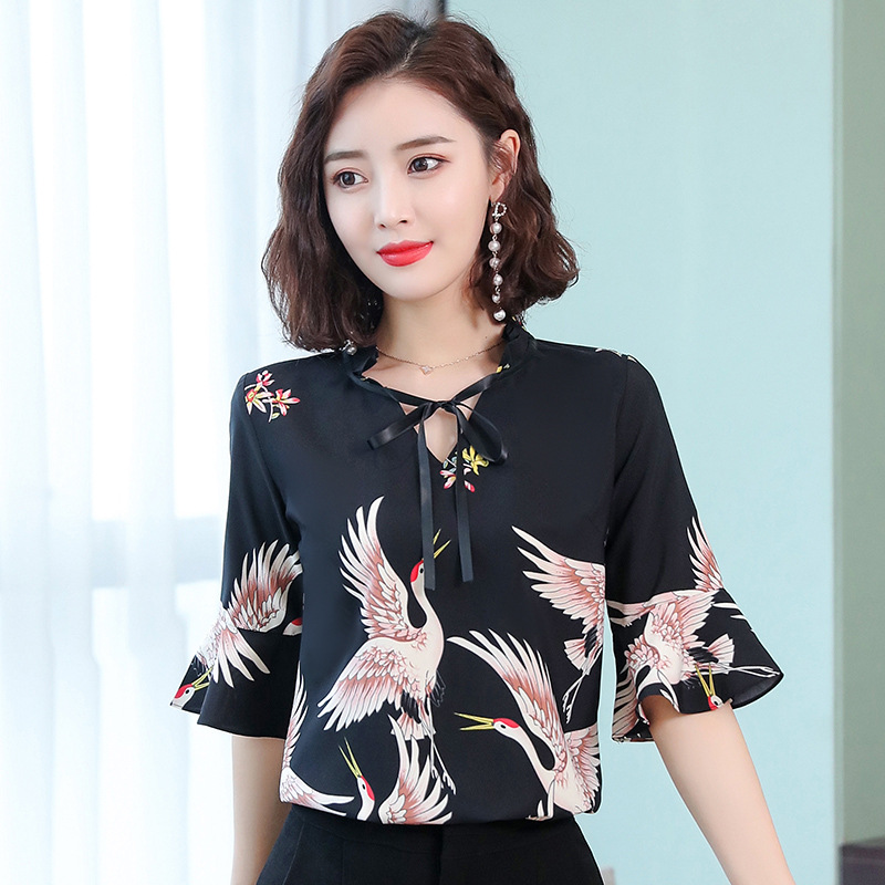 Short Sleeve Blouse, Flared Sleeve Commuter Ol Shirt, Fashion Printed Shirt,offices