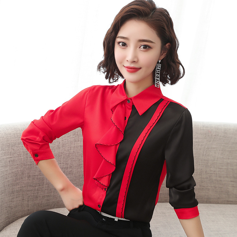 Red And Black Long-sleeve Shirt, Flounce Square Collar, Large Size Long-sleeve Blouse,offices