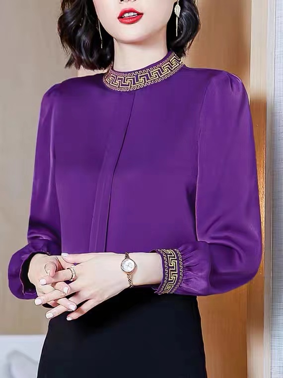 Ice Silk Shirt, Long-sleeve, Spring And Autumn All-match,high Collar, T-shirt Fashion Top, Loose Mulberry Silk Blouse