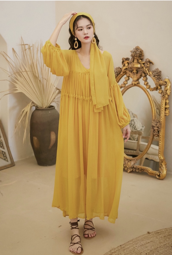 Yellow Beach Dress,v-neck Loose Maxi Dress,long Sleeve Dress,silk Scarf Is Complimentary
