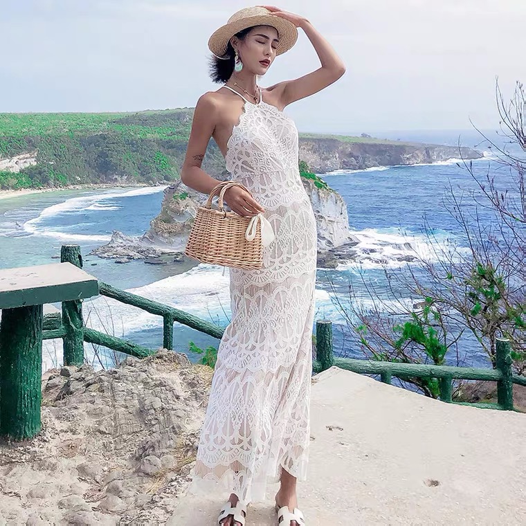 Sexy Backless Halter Dress, Wedding Beach Dress,seaside Vacation Lace Dress