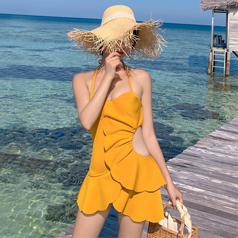 Ginger Yellow Hollowed-out One-piece Swimsuit, Backless Spa Holiday Swimsuit