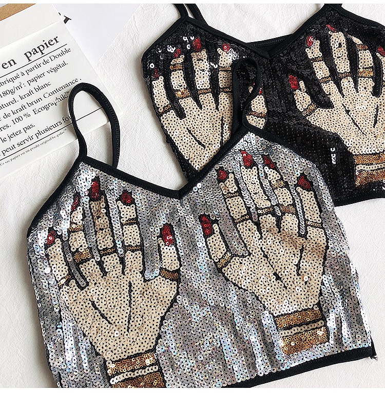 Sexy, Embroidered Sequins, Magic Hand Pattern, Short Crop Top
