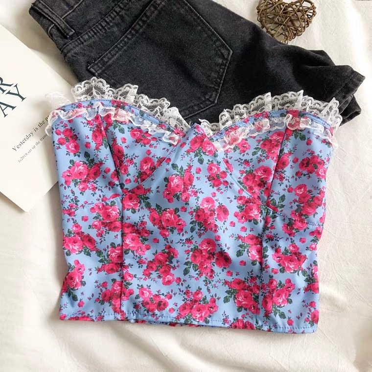 Flower Lace, Strapless Sexy Short Top, Blue Crop Top