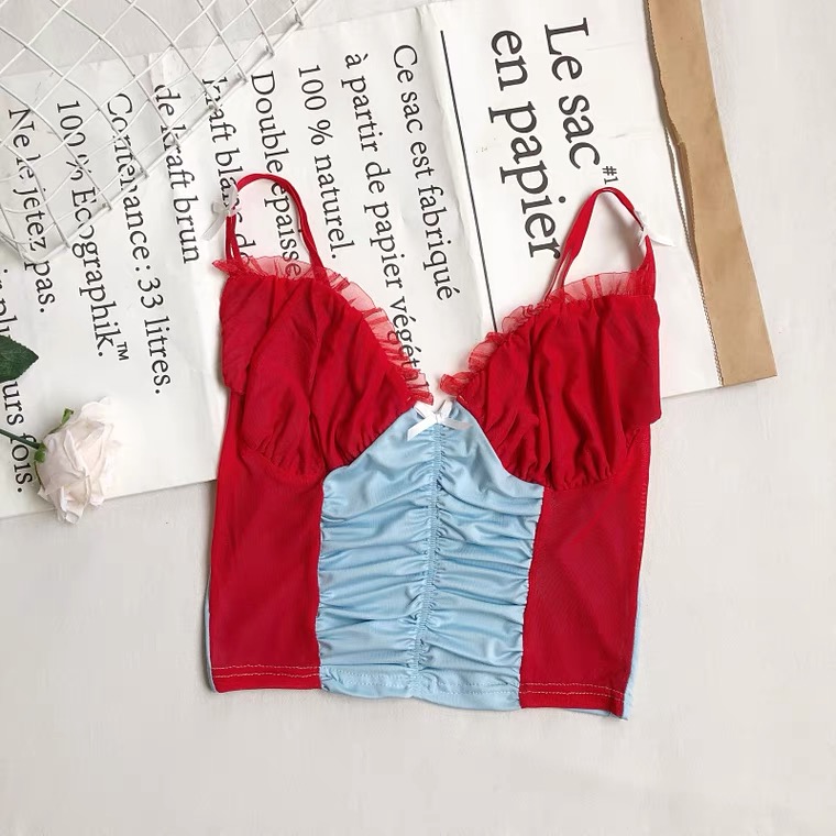 Sexy, V-neck,color Lace,wooden Ear Bowknot Top, Spaghtti Strap Top