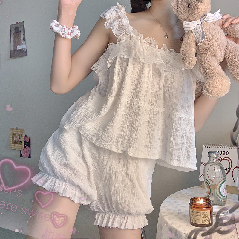 Large size, lace pajama set, new style, cute girl, suspender shorts home suit two pieces