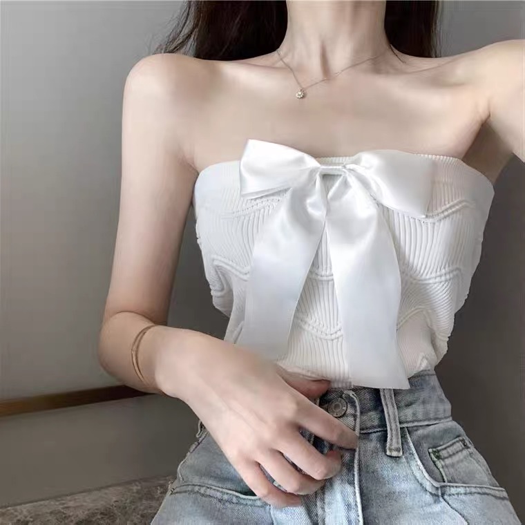 Bowknot Knitted Strpless Top, Clavicle Beautiful Back Tank Top