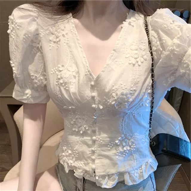 French Style Shirt, Summer, V-neck Short Sleeve Embroidered Top