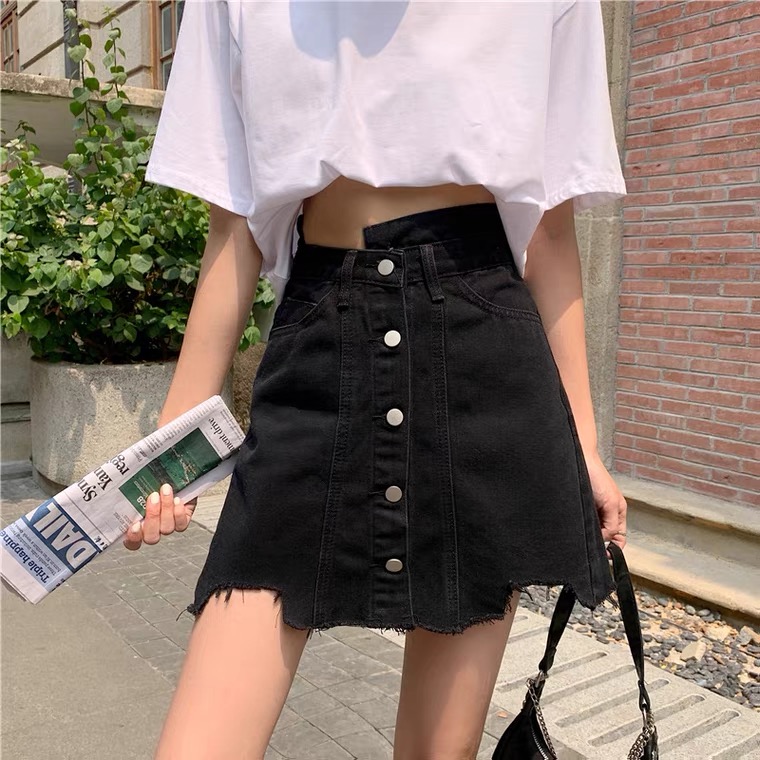 Irregular Black Skirt, Summer, High-waisted A-line Skirt