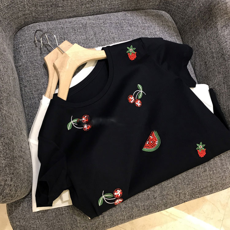 Summer, 3d Embroidered Cherry/watermelon, Round Neck And Short Sleeve T-shirt