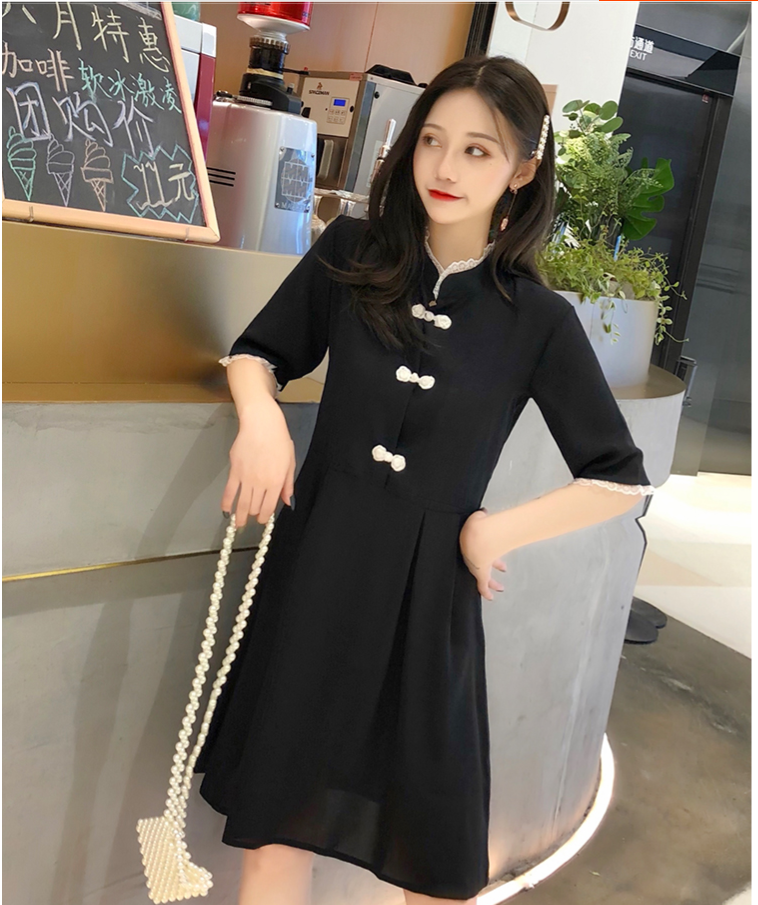 Cheongsam Dress, Black, High Collar Dress, Loose Dress