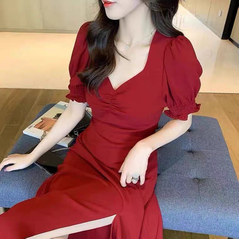 Stylish, slit midi dress, black/red dress