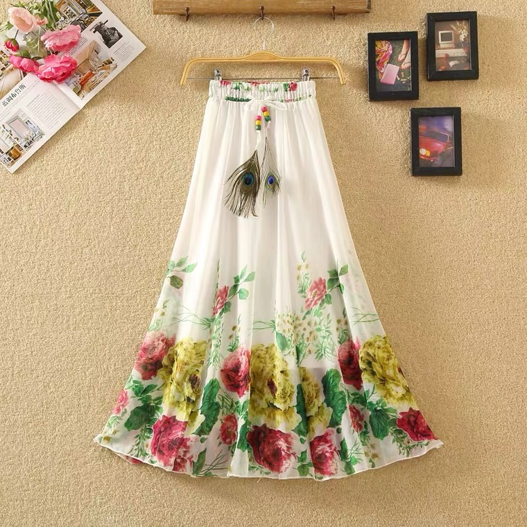 Summer, Bohemian midi skirts, chiffon skirts, vintage printed, elastic-waisted dresses