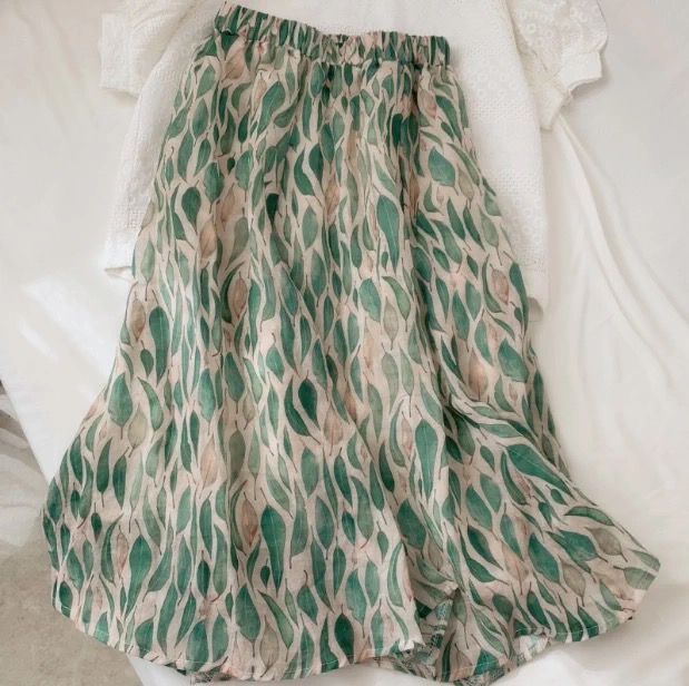 High sense ,Literary style, silk ramie, blended leaf printed A-line skirt