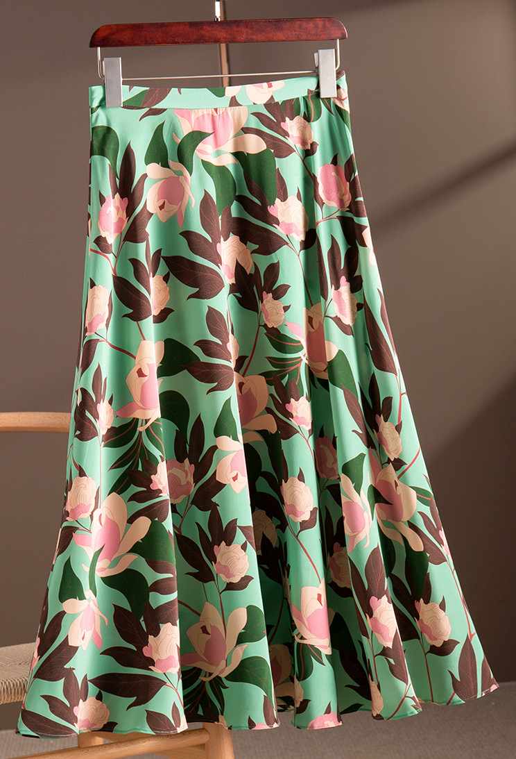 Floral Printed Skirt, Heavy Silk A-line Skirt, Midi Skirt