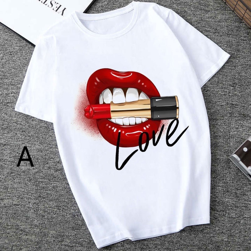 Lipstick, Lips, Personalized Printed Top, Fashion Sexy T-shirt, Summer Short Sleeve O-neck Bottom Shirt