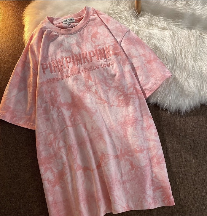 Tie-dye Tops, Embroidered Lettered Couple Tops, Bestie Short-sleeved T-shirts, Summer, Loose Base Tops