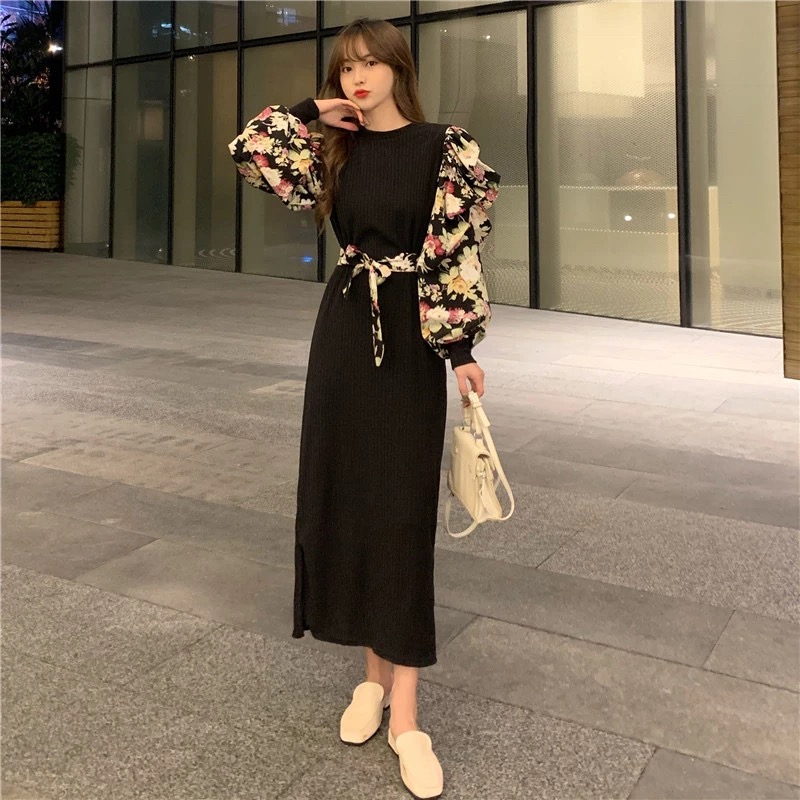 Round Collar,splice Floral Long Sleeve Pullover Dress, Style, Tie Up Waist Slit Dress