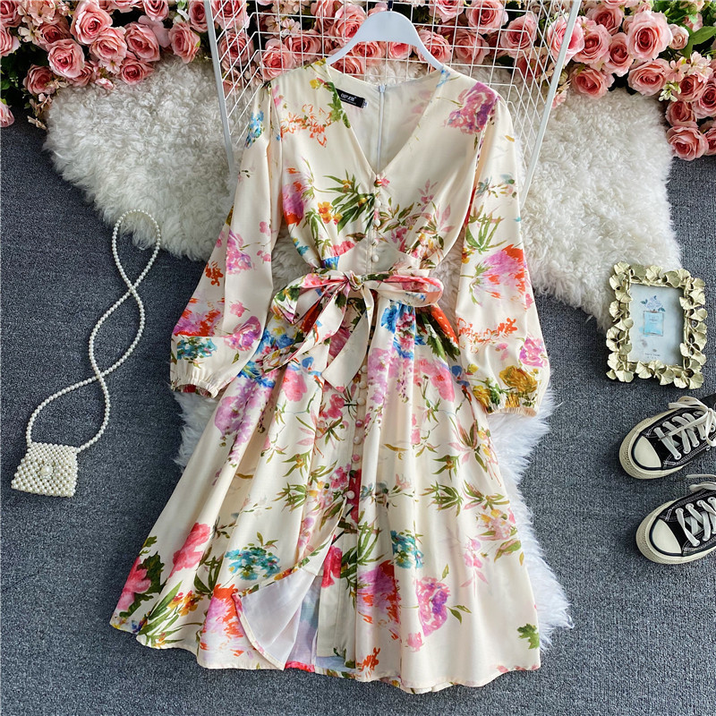 French Love Dress Fairy Dress, Sweet, Printed, Bubble Sleeves, V-neck Dress, Fashion, Temperament Breasted A-line Dress