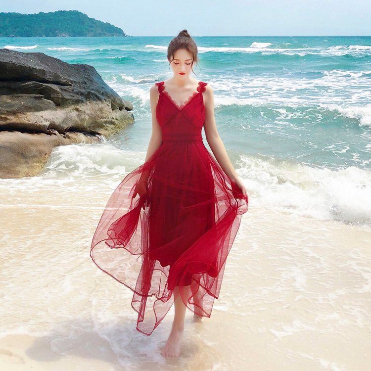 French Style, Vintage, Red Tulle V-neck Dress, Beach Holiday Dress,prom Dress