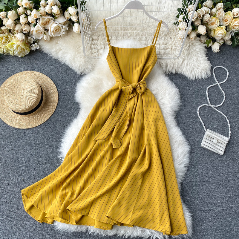 Popular,vintage Style, Square Collar, Spaghetti Strap Dress,stripes Midi Dress