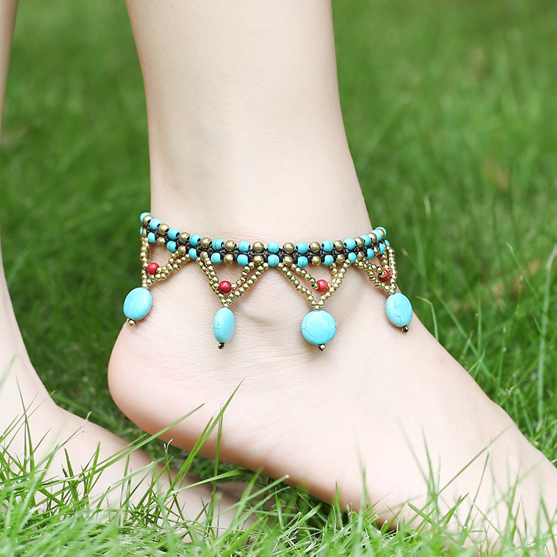 Urquoise Round Cake Ankle Chain, Bohemian Beach Shoe Accessories, Exquisite Ankle Chain