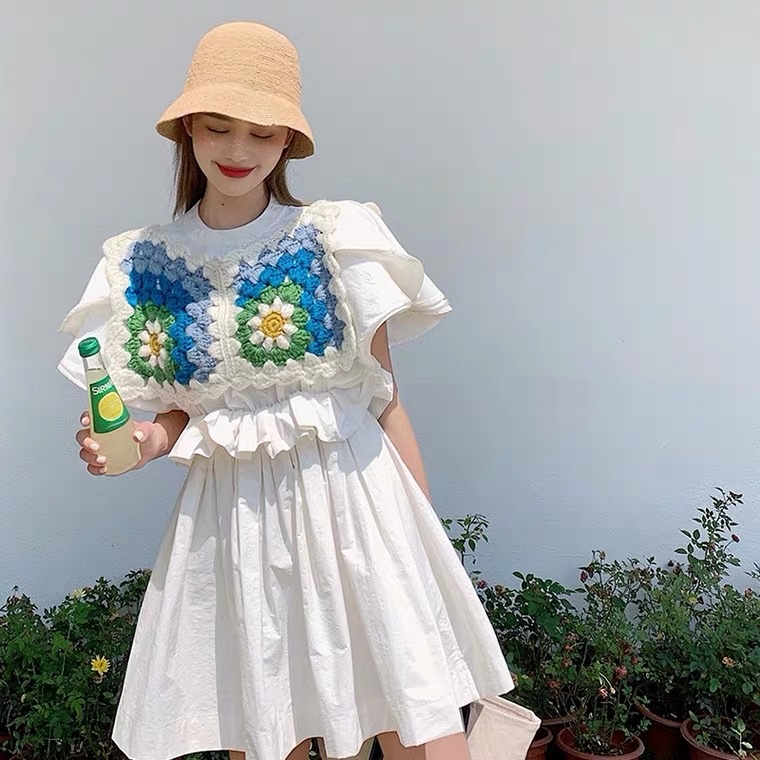 Chic Girl, Hook Flower Knitted Vest + Double Flying Sleeve Fairy Dress,two-piece Set