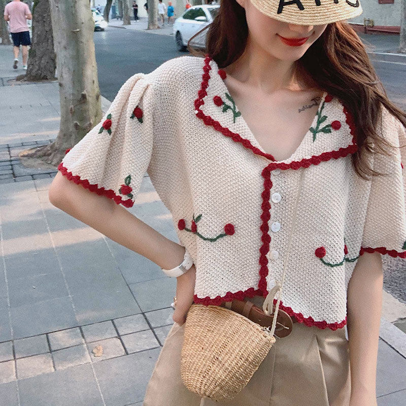 Small And Fresh, Red Embroidery Single Breasted Short Knitwear, Summer Lapel Short Sleeve Sweet Top