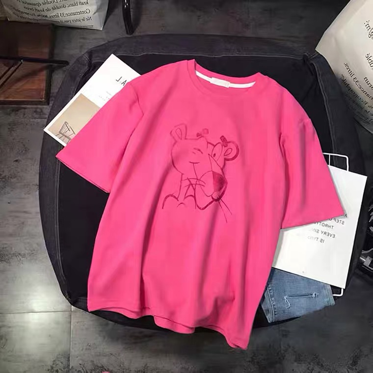 Summer, Chic Cartoon, Half Sleeve T Shirt Matte Hair Pink Panther Bottom, Shirt Short Sleeve