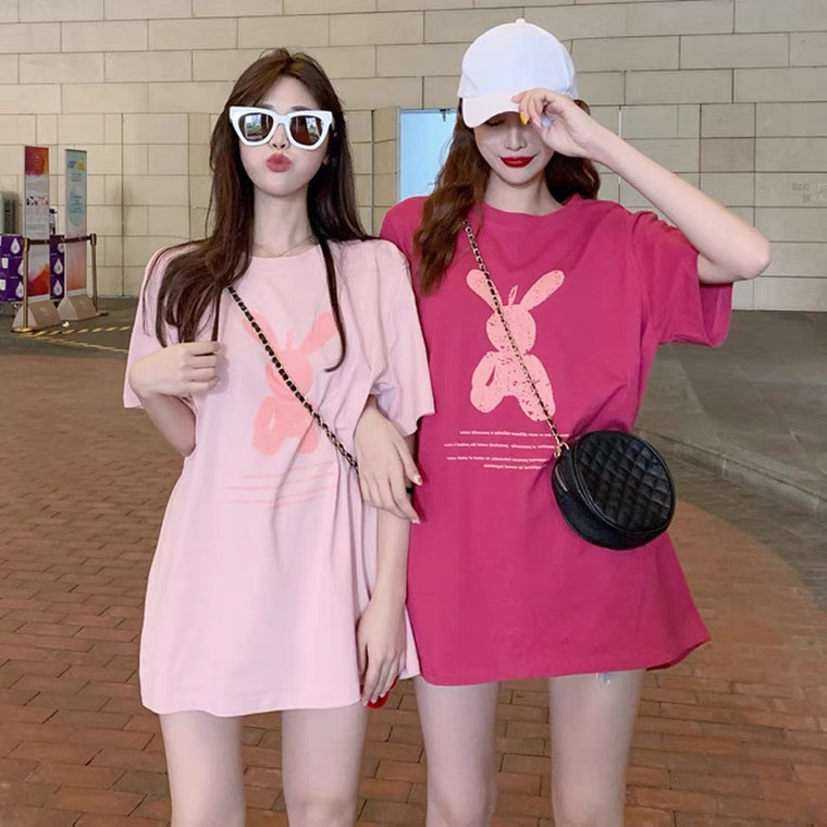 Loose Pink T-shirt, Bestie Short-sleeved Top, Medium Length Top