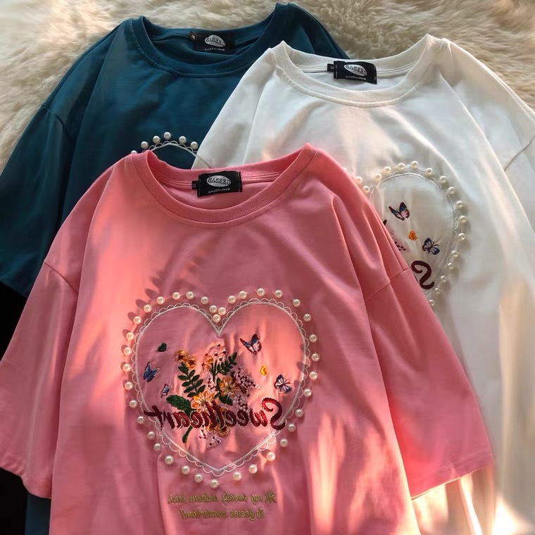 Pink Pearl T-shirt, Short Sleeve, Heart Embroidered Vintage, Bestie, Half Sleeve Top