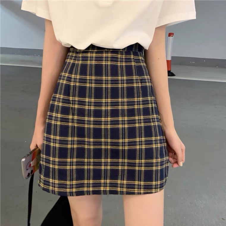 Chic short style plaid skirt, high waist a -line skirt, wrap buttock skirt