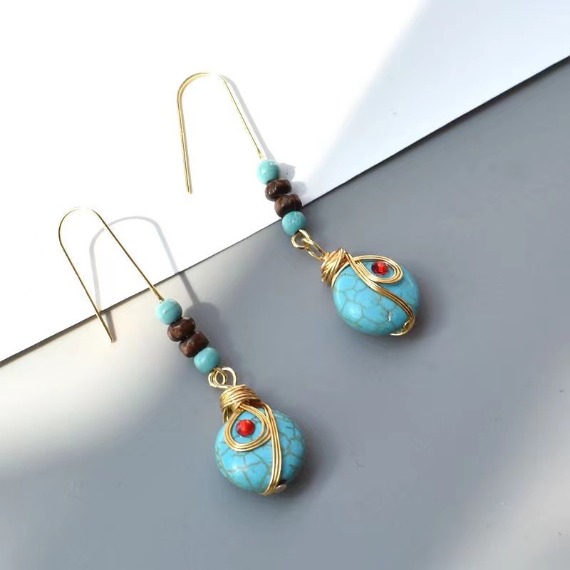Ethnic style turquoise earrings, copper gold plated copper wire, handmade Tibetan style, hand made earrings, wholesale