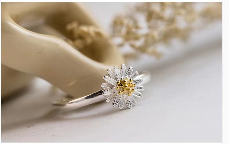 Plated 925 Sterling Silver, Small Fresh, Daisy Chrysanthemum Ring, Open Sunflower Ring