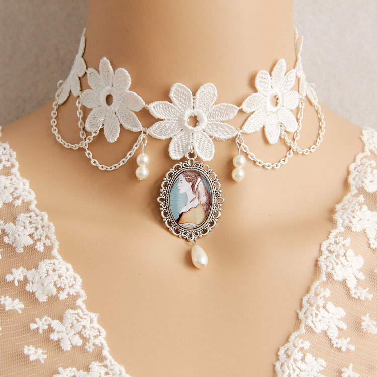 Lolita white lace, faux pearl and gemstone pendant necklace, vintage collarbone chain, exquisite accessories
