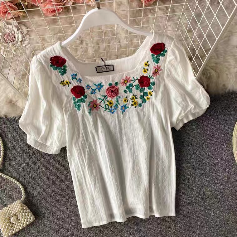 Summer, Vintage, Embroidery Literary Style, Ethnic Style, Embroidery, Square Collar Shirt