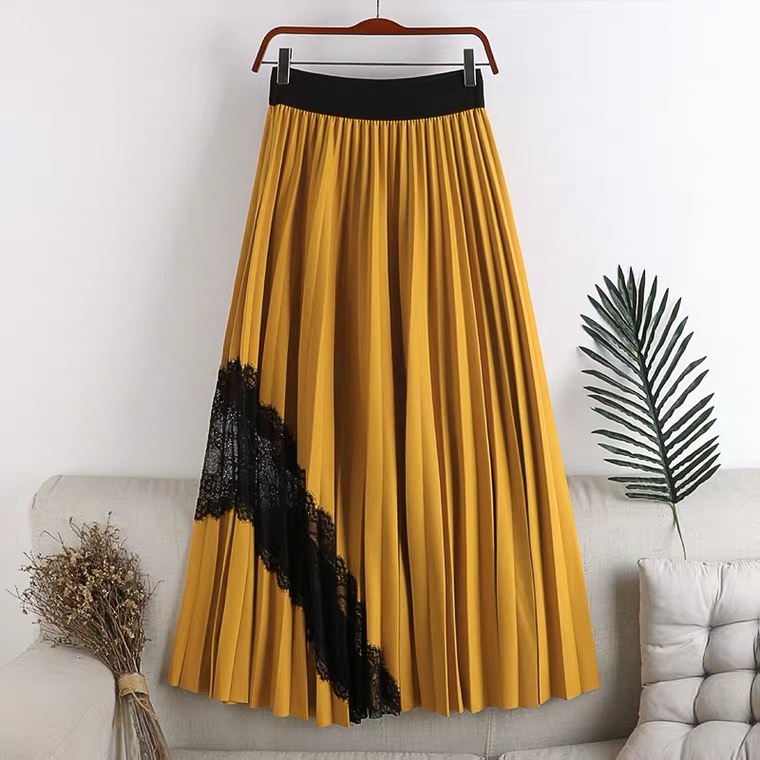 High Waist, Large Swing, Elastic Waist, Pleated Spliced Lace Mid-length Skirt