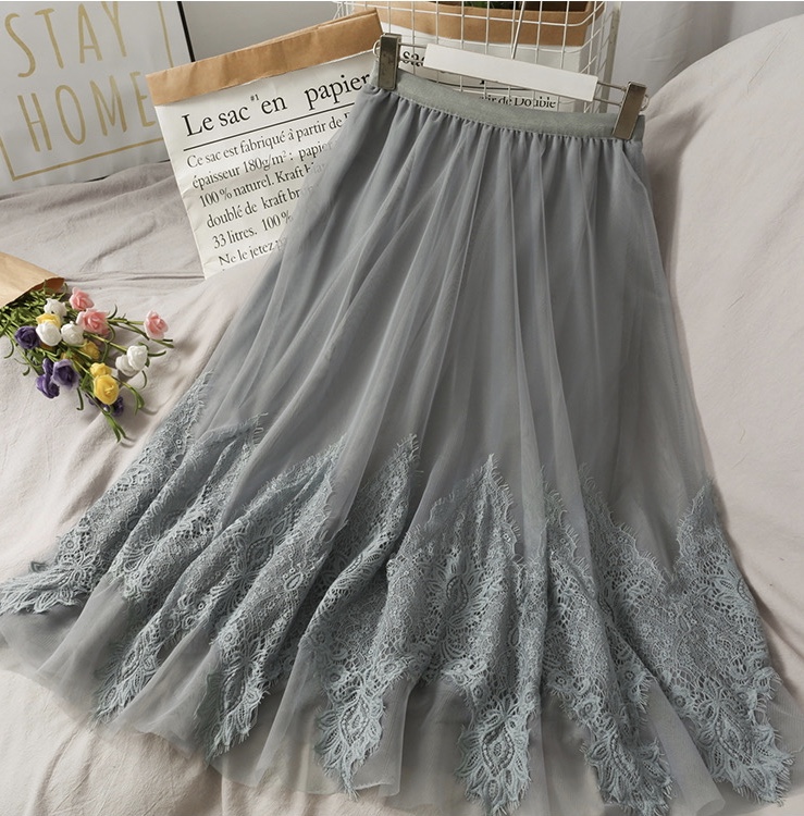 Sweet Wind, Embroidered Medium Length, High Waist Lace Skirt