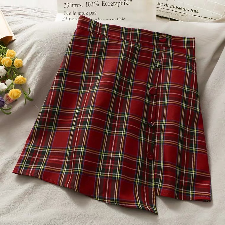 Literary, Small And Fresh, Irregular Breasted High Waist A-line Skirt, Plaid Skirt