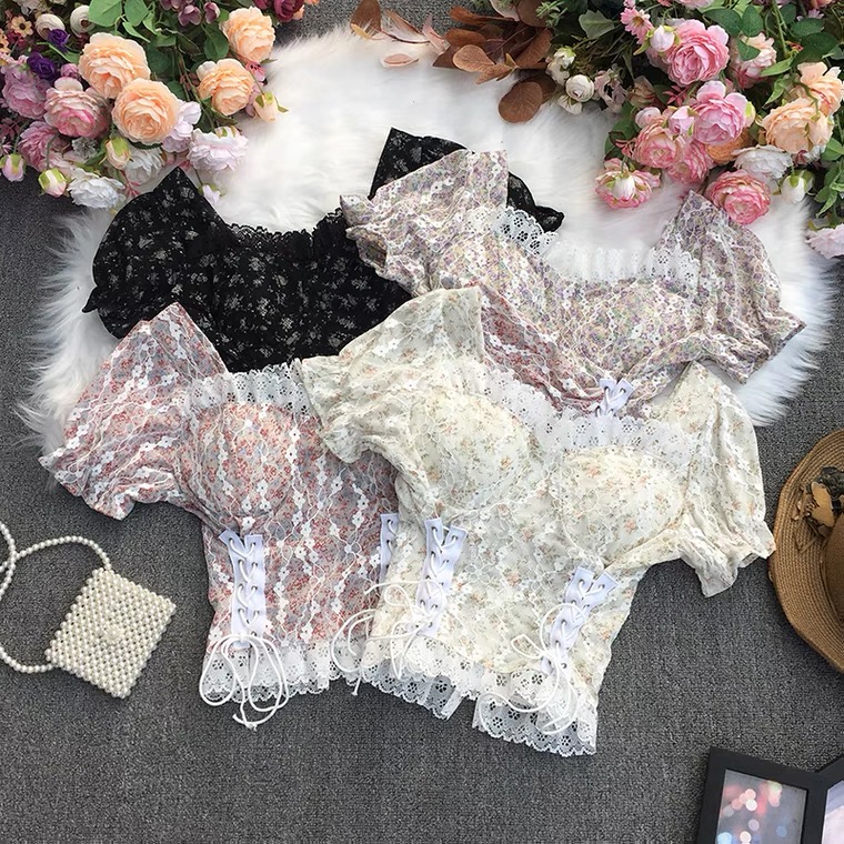 Girl's Sweet Lace Square Collar Top ,floral Crop Top