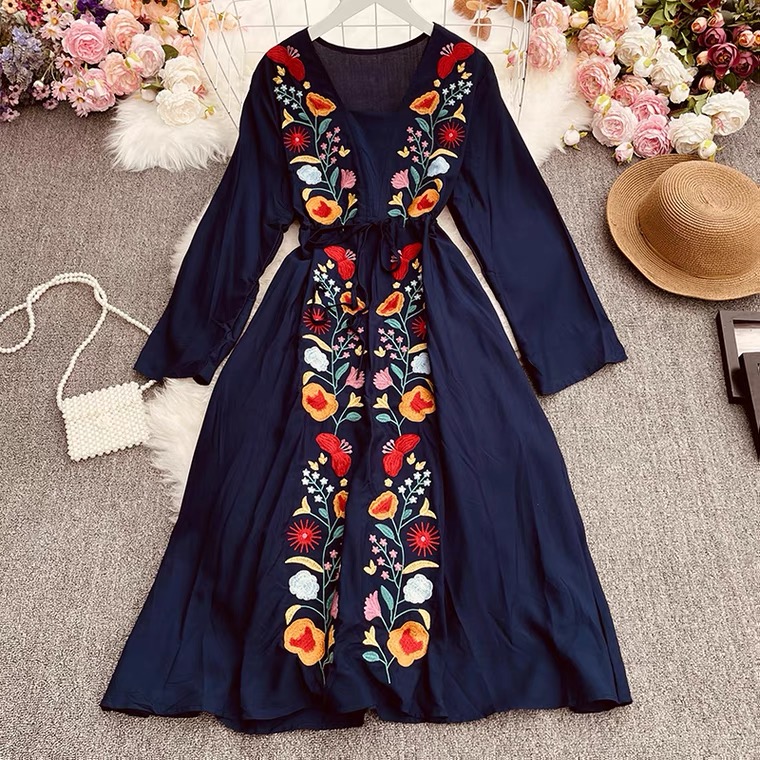 Bohemian Ethnic Style, Holiday Dress, Vintage, Heavy Embroidery, V-neck Dress