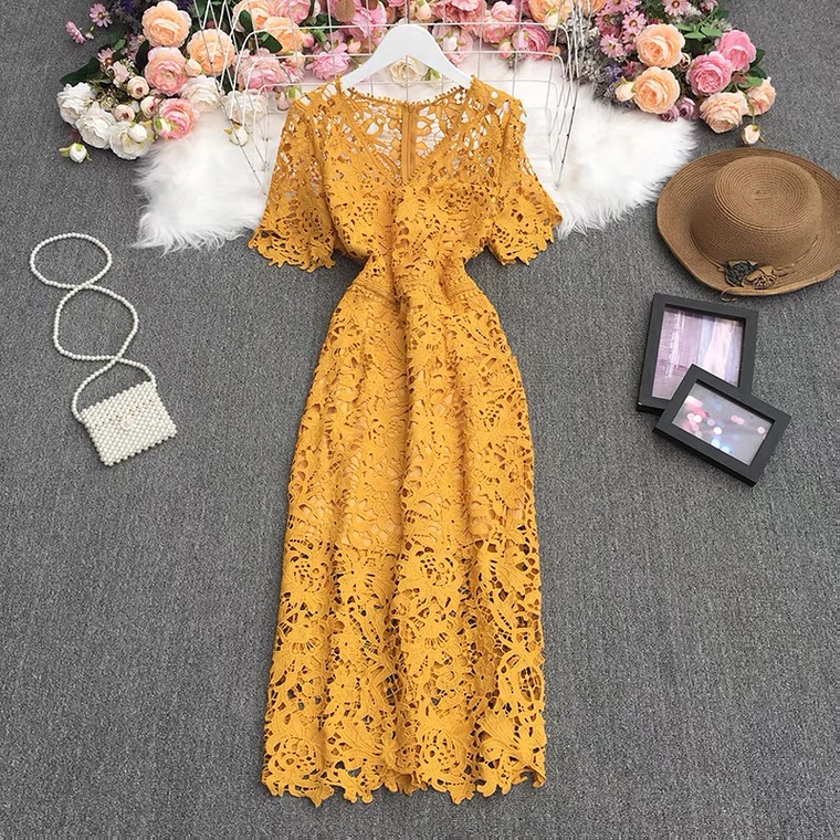 Summer, Elegant, Socialite, Temperament, Water Soluble Lace, Hollow Out, V Collar Wrap Hip Dress