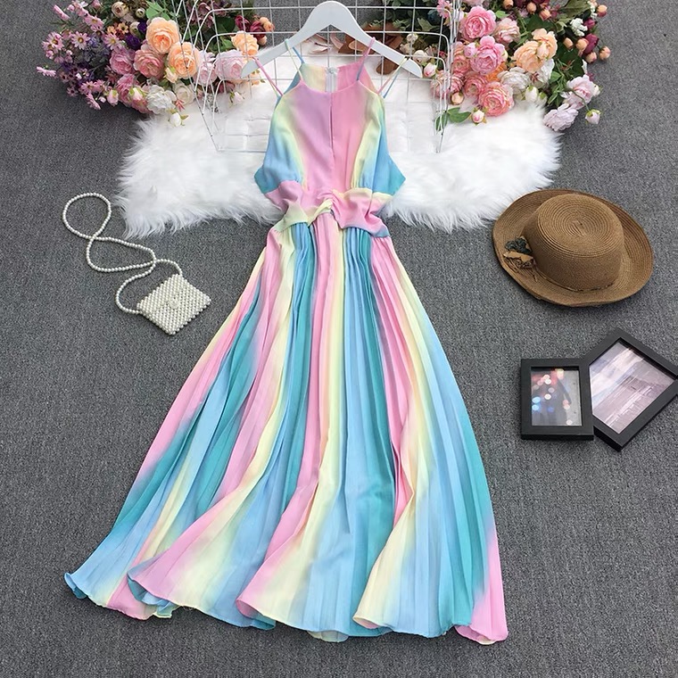Sleeveless, Rainbow Color Gradient Pleated Dress , Halter Neck Stylish Dress