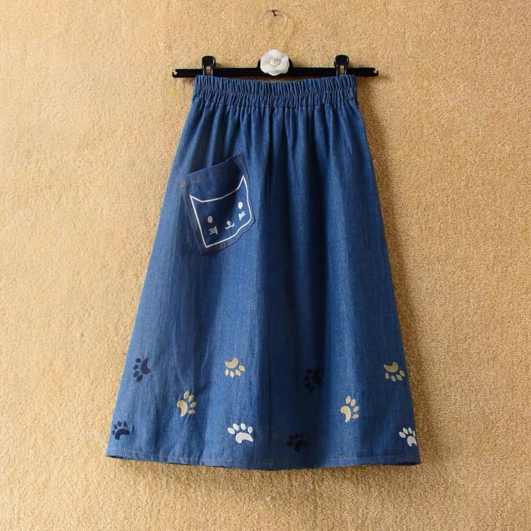 Spring And Summer ,denim Skirt, Cute Cat Embroidery, High Waist Big Swing Mid-length Skirt, A-line Skirt