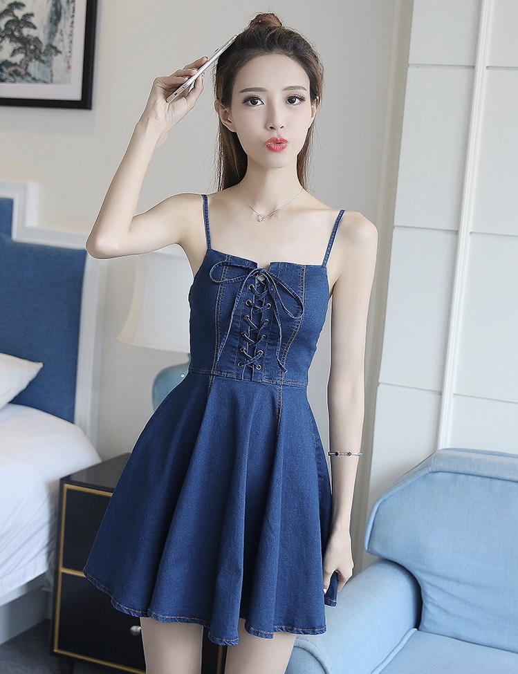 Spaghetti Strap Denim Dress, Temperament, Sweet Backless Dress